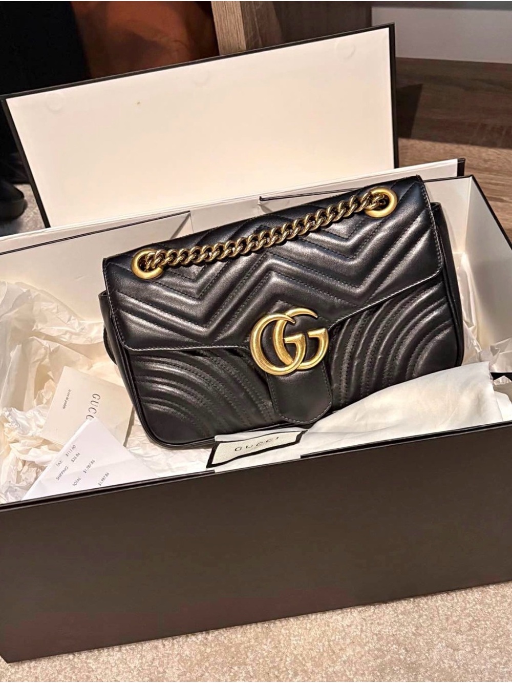 Gucci Black Quilted Leather Shoulder Bag with Gold Chain